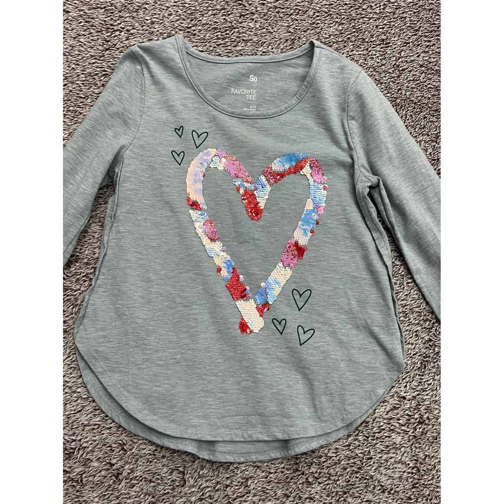 SO Girls Size 7 Gray Long Sleeve Flip Sequin Heart Favorite Tee Shirt